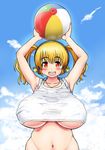  arms_up ball beachball blonde_hair blush breasts cloud day headphones highres huge_breasts impossible_clothes impossible_shirt long_hair looking_at_viewer nitroplus open_mouth plump red_eyes shirt shiwasu_no_okina sky sleeves_rolled_up smile solo super_pochaco twintails 