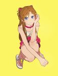  bad_feet blue_eyes breasts brown_hair casual cleavage full_body hair_ornament jewelry long_hair mebae necklace neon_genesis_evangelion no_panties sandals simple_background skirt skirt_lift small_breasts solo souryuu_asuka_langley squatting two_side_up yellow_background 