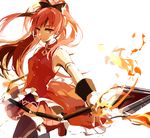  bow food food_in_mouth hair_bow highres long_hair mahou_shoujo_madoka_magica mouth_hold pocky polearm ponytail red_eyes red_hair sakura_kyouko simple_background solo soul_gem spear thighhighs weapon white_background zettai_ryouiki zgxuke 