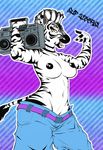  boombox breasts clothed clothing collaboration equine female freshjams looking_at_viewer mammal nipples open_mouth radio rheumatism skimpy solo standing stereo topless wide_hips yellow_eyes zebra 