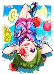  apple banana enouchi_ai fang food fruit green_hair japanese_clothes kimono kiwifruit long_hair lying morizono_wakana pretty_(series) pretty_rhythm pretty_rhythm_rainbow_live purple_eyes short_kimono skates 