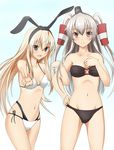  amatsukaze_(kantai_collection) bad_id bad_pixiv_id bandeau bikini blonde_hair brown_eyes grey_hair hand_on_hip hand_on_own_chest hat kantai_collection locked_arms long_hair multiple_girls shimakaze_(kantai_collection) shiseki_hirame side-tie_bikini silver_hair string_bikini swimsuit two_side_up v 