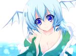  asn_s blue_eyes blue_hair breasts cleavage collarbone frills head_fins head_rest highres japanese_clothes kimono large_breasts looking_at_viewer mermaid monster_girl off_shoulder simple_background smile solo touhou upper_body wakasagihime water white_background 