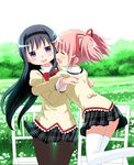  :d akemi_homura black_hair black_legwear blush bow chair closed_eyes hairband highres hug kaname_madoka long_hair looking_at_another m-eine mahou_shoujo_madoka_magica mahou_shoujo_madoka_magica_movie meadow multiple_girls open_mouth pantyhose pink_hair pleated_skirt school_uniform short_hair short_twintails skirt smile thighhighs twintails white_legwear yuri zettai_ryouiki 