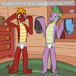  3_toes 4_fingers ? aged_up anthro bedroom blonde_hair boxer_briefs boxers briefs bulge casual clothed clothing colored dragon dresser duo ear_fins english_text fangs friends friendship_is_magic fuze gem green_belly green_eyes green_scales green_spines hair hand_behind_head hands_up hi_res inside looking_at_viewer male mangle_(character) my_little_pony open_mouth purple_body purple_scales radio red_body red_scales rug scalie sharp_teeth short_hair skimpy smile spike_(mlp) spines standing teeth text tongue topless underwear wings yellow_belly yellow_eyes yellow_scales 
