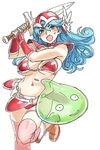  armor bikini_armor blue_hair commentary_request dragon_quest dragon_quest_iii gauntlets helmet lifting long_hair navel nishieda slime_(dragon_quest) soldier_(dq3) solo sword weapon 