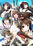  :d :q ;) bangs bare_shoulders binoculars blue_eyes brown_eyes brown_hair cannon dress grin hairband haruna_(kantai_collection) headset hiei_(kantai_collection) horns hyuuga_(kantai_collection) ise_(kantai_collection) kantai_collection long_hair machinery multiple_girls neckerchief nontraditional_miko one_eye_closed open_mouth parted_lips ponytail short_hair smile suzune_kotora tongue tongue_out triangle_mouth v-shaped_eyebrows white_dress yamato_(kantai_collection) yukikaze_(kantai_collection) 