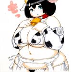  1girl aqua_eyes bell black_hair breasts collar cow_girl dated horns kjmvideo large_breasts 