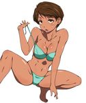  barefoot bikini blush breasts brown_eyes brown_hair cleavage dark_skin earrings jewelry large_breasts naughty_face navel puge solo squatting super_real_mahjong sweat swimsuit toned tongue tongue_out toono_mizuki undressing 