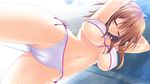  arms_up bikini blush breasts brown_hair closed_eyes dutch_angle game_cg koi_mo_h_mo_obenkyou_mo_omakase!_oneechan-bu kumatora_tatsumi large_breasts minakawa_mayuka navel parted_lips short_hair showering side-tie_bikini smile solo swimsuit wet white_bikini 