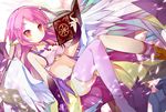 angel_wings blush book breasts bridal_gauntlets bright_pupils feathered_wings halo jibril_(no_game_no_life) long_hair looking_at_viewer low_wings magic_circle medium_breasts midriff navel no_game_no_life open_book pink_hair purple_legwear saru shoes single_shoe single_thighhigh solo thighhighs white_wings wings yellow_eyes 