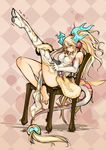  antlers argyle argyle_background bad_id bad_pixiv_id bangs bare_legs bare_shoulders barefoot blonde_hair blue_eyes boots breasts chair chair_in_motion chair_tipping cleavage colored_eyelashes dress dressing elbow_gloves feet fingerless_gloves frown full_body fur_trim gloves hair_between_eyes hair_ornament high_heel_boots high_heels highres knee_up large_breasts leg_up legs long_hair looking_away partially_undressed patterned patterned_background pelvic_curtain pulling purple_background putting_on_boots putting_on_shoes puzzle_&amp;_dragons sakuya_(p&amp;d) shoes single_boot single_shoe sitting solo spikes strapless strapless_dress tail tail_ornament thigh_boots thighhighs thighs toenails trembling twintails wavy_hair white_dress white_gloves white_legwear zutta 