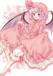  barefoot bat_wings blush chikado colorized dress fang flat_chest hat highres lavender_hair looking_at_viewer nanaya65 open_mouth red_eyes remilia_scarlet short_hair solo touhou wings 