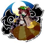  animal_ears biting brown_eyes brown_hair byourou checkered checkered_scarf fang full_moon futatsuiwa_mamizou glasses hat leaf leaf_on_head long_sleeves looking_at_viewer moon mouth_hold night pince-nez raccoon_ears raccoon_tail scarf scroll short_hair smile solo tail touhou wide_sleeves 