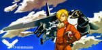  80s aircraft airplane area_88 bird blonde_hair cloud cross day eagle emblem f-8_crusader flying gloves green_eyes hair_over_one_eye helmet jet jumpsuit kazama_shin kuwae looking_at_viewer missile oldschool pilot pilot_suit scarf serious 