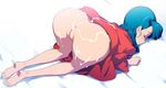  1girl aftersex all_fours anus ass barefoot bed blush bulma censored cum cum_on_ass cum_on_body cum_on_lower_body dragon_ball dress dress_lift eyes_closed feet from_behind green_hair highres legs long_hair no_panties pussy quadrastate side_ponytail sleep_molestation sleeping soles solo thighs toes top-down_bottom-up 