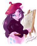  anthro anthrofied beatnik beret blue_eyes breasts canvas clothing cutie_mark designjh equine eyeshadow female friendship_is_magic hat horn makeup mammal my_little_pony pencil rarity_(mlp) sweater unicorn winged_unicorn wings 