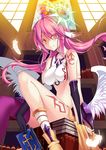  1girl absurdres angel_wings asymmetrical_legwear book boy30422 breasts feathered_wings gloves halo highres jibril_(no_game_no_life) long_hair looking_at_viewer low_wings magic_circle medium_breasts midriff no_game_no_life pink_hair sitting smile solo thighhighs white_wings wings yellow_eyes 