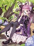  218 ange_vierge cup dress drinking gothic_lolita hair_ornament lolita_fashion long_hair looking_at_viewer original purple_hair ribbon sitting solo sophina teacup thigh_strap thighhighs twintails 