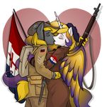  &lt;3 backpack clothing embrace equine eyes_closed flag gun hat horn horse hug kissing mammal ranged_weapon tagme tongue uniforms weapon winged_unicorn wings wolfjedisamuel 