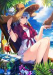  absurdres bare_legs beach bracelet cloud darker_than_black day dress drink drinking_straw front-tie_top hat highres holding_hands jewelry ocean out_of_frame outdoors purple_eyes shirt short_hair silver_hair sitting skirt sky smile solo_focus straw_hat sun_hat tied_shirt tropical_drink tsubasa19900920 water yin 