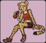  anthro breasts cheetah clothed clothing feline female fur green_eyes mammal open_mouth plain_background ricket shirt shoes shorts sitting solo spots tank_top water_bottle yellow_fur 
