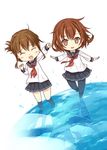  chibi folded_ponytail ikazuchi_(kantai_collection) inazuma_(kantai_collection) kantai_collection multiple_girls pantyhose reflection school_uniform serafuku standing standing_on_liquid takigawa_yuu water 