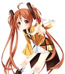  &gt;:) ahoge aihara_enju black_bullet blush brown_eyes brown_hair grandia_bing hair_ornament long_hair pleated_skirt pointing pointing_at_viewer signature simple_background skirt smile solo twintails v-shaped_eyebrows white_background 