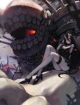  bare_shoulders battleship_hime black_dress black_hair breasts cannon cleavage dress fire high_heels highres horns kantai_collection large_breasts legs long_hair off_shoulder oni_horns pale_skin red_eyes shinkaisei-kan short_dress solo undeedking very_long_hair 