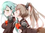  aqua_hair ascot blazer blush brown_hair closed_eyes dress_shirt green_eyes hair_ornament hairclip hayakawa_akari jacket kantai_collection kumano_(kantai_collection) long_hair multiple_girls open_mouth ponytail shirt skirt suzuya_(kantai_collection) tongue tongue_out yuri 