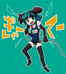  alternate_costume animal_ears black_legwear byourou character_name choker collar contemporary elbow_gloves gloves green_background green_eyes green_hair kasodani_kyouko microphone music open_mouth short_hair simple_background singing solo sunglasses swimsuit thighhighs touhou 