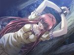  1girl arms_up bdsm blindfold bondage bound breasts chains cuffs dutch_angle female game_cg kazama_mana kazama_mana_(game) long_hair m_no_violet morita_kazuaki outdoors solo tree yakin_byoutou 