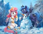  cutie_mark duo equine female feral friendship_is_magic hair happy horn long_hair mammal mountain my_little_pony open_mouth outside pink_hair princess_celestia_(mlp) princess_luna_(mlp) purple_eyes sibling sisters smile snow snowman sophiecabra teal_eyes tess_garman traditional_media tree winged_unicorn wings winter 