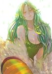  breasts cleavage closed_eyes clothes_writing feathered_wings feathers green_hair harpy jippei long_hair medium_breasts monet_(one_piece) monster_girl one_piece solo wings 