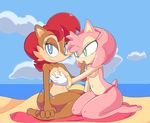  amy_rose anthro beach bigger_version_at_the_source bikini blue_eyes breasts brown_fur chipmunk clothed clothing cloud cloudydayz cloudz duo female fur gloves green_eyes grope hair half-dressed hand_on_breasts hand_on_chest happy headband headgear hedgehog hi_res lesbian long_hair looking_at_viewer mammal navel nipples on_floor outside pink_hair red_hair rodent sally_acorn sand sea seaside sega short_hair sitting sky smile sonic_(series) swimsuit topless video_games water 