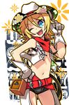  ;d blonde_hair blue_eyes cowboy_hat finger_on_hat gloves hat kagamine_rin navel negi_(ulog'be) one_eye_closed open_mouth short_hair smile solo vocaloid western white_gloves 