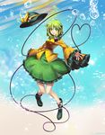  bubble green_eyes green_hair hat hat_removed hat_ribbon headwear_removed heart heart_of_string komeiji_koishi long_sleeves looking_at_viewer outstretched_arms ribbon shirt skirt solo touhou umigarasu_(kitsune1963) underwater wide_sleeves 