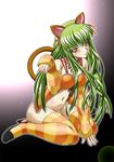  animal_ears blush c.c. cat_ears cat_tail code_geass code_geass:_nunnally_in_wonderland green_hair high_heels kaname_aomame long_hair navel paw_pose sitting solo striped striped_legwear tail thighhighs wariza yellow_eyes 