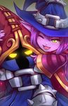  1girl animal_ears chain fang green_eyes hat headwear_switch highres league_of_legends long_hair lulu_(league_of_legends) one_eye_closed purple_hair purple_skin ricegnat veigar witch_hat yellow_eyes 