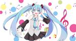  :d bare_shoulders beamed_eighth_notes blue_eyes blue_hair blush detached_sleeves hatsune_miku headset kinokomeshi long_hair musical_note necktie open_mouth pleated_skirt sixteenth_note skirt sleeveless smile solo treble_clef twintails very_long_hair vocaloid 