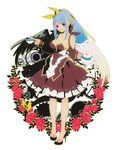  8055 alternate_costume asymmetrical_wings black_wings blue_hair breasts cleavage cup dizzy dress guilty_gear hair_ribbon hairband highres large_breasts long_hair looking_at_viewer red_eyes ribbon simple_background solo teacup tears white_background white_wings wings 