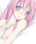  bed blue_eyes blush breasts choujigen_game_neptune_mk2 collarbone long_hair lying medium_breasts minagi naked_sheet nepgear neptune_(series) nude open_mouth pink_hair power_symbol purple_sister solo symbol-shaped_pupils under_covers 