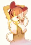  animal_ears arms_behind_head bangs bare_arms capelet dress expressionless grey_dress grey_hair jitome jpeg_artifacts light looking_at_viewer mouse_ears mouse_tail nazrin pose red_eyes short_hair solo tail touhou toujou_(toujou_ramen) 