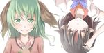  animal_ears bad_id bad_pixiv_id black_hair bow dress green_eyes green_hair hand_on_own_chest horns kasodani_kyouko kijin_seija looking_at_viewer multicolored_hair multiple_girls open_mouth red_eyes red_hair short_hair short_sleeves shuga_(soranote) simple_background smile streaked_hair touhou upside-down white_background 