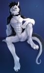  2018 4_toes 5_figners 5_fingers abs anthro black_fur black_hair black_tongue blue_background digital_media_(artwork) digitigrade dragon featureless_crotch fur furred_dragon grey_eyes hair male nude simple_background skeleion smile solo toes tongue white_fur 