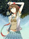  :&lt; absurdres brown_hair casual faux_traditional_media green_eyes hair_ornament hair_ribbon hand_up highres leaf one_eye_closed original pleated_skirt ribbon sa_(h28085) skirt solo sweat tree wrist_cuffs 