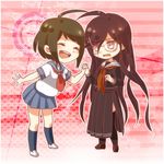  ^_^ ahoge bad_id bad_pixiv_id blush braid brown_hair closed_eyes danganronpa fukawa_touko glasses hair_down hair_ornament hairclip holding_hands interlocked_fingers kneehighs long_hair long_sleeves megaphone multiple_girls naegi_komaru open_mouth pleated_skirt school_uniform serafuku short_hair short_sleeves skirt smile tochiko_(ichig00re7) zettai_zetsubou_shoujo 