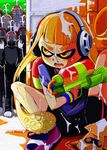  bike_shorts bukkake cum domino_mask headphones inkling long_hair mask orange_eyes orange_hair pointy_ears sasaki_bullet shoes sneakers splatoon_(series) splatoon_1 splattershot_(splatoon) squid suggestive_fluid super_soaker tentacle_hair 