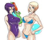  bangs blonde_hair blue_eyes bob_cut breasts cleavage cowboy_shot cropped_legs dc_comics facial_mark forehead_mark large_breasts multiple_girls one-piece_swimsuit parted_bangs power_girl purple_hair raven_(dc) short_hair smile strap_gap super_soaker swimsuit teen_titans water_gun zxc 