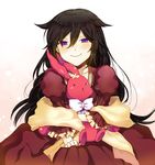  1girl alice_(pandora_hearts) bite_mark black_hair bow dbgml120 dress frills long_hair looking_at_viewer pandora_hearts purple_eyes smile solo stuffed_bunny stuffed_rabbit 